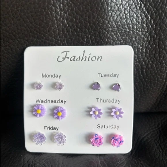 Six Day Purple Flower and Heart Stud Earring Set - Picture 3 of 4